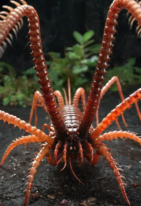 point-of-view, perspective, giant horrific centipede with poisonous fangs attacks the camera,  scolopendra, mosquito-tarantula c...