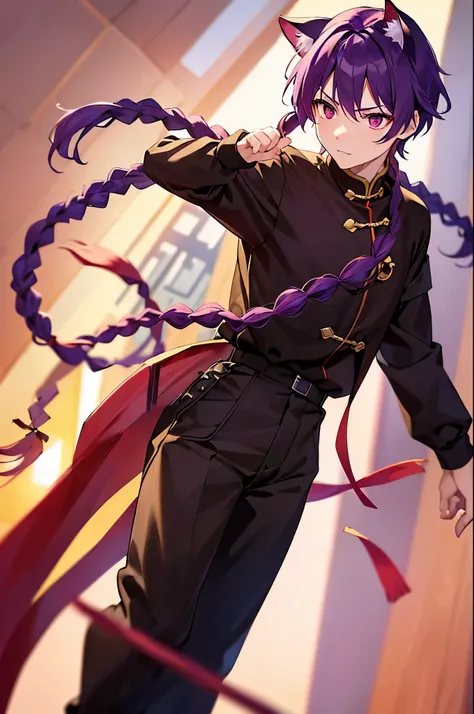 (((Purple Hair、Dye the inside of your hair red、Long Hair、Knot、Braid、Bright red eyes)))、((Cat ear、Cat、Cat&#39;s Tail))、A man wearing black kung fu clothing、A young man with a determined look、Man standing facing forward、（White background）、{{masterpiece}}, Th...