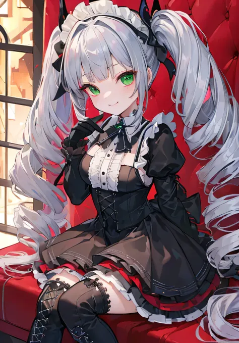 (((Top quality ultra detail,Unity 8k))),Twin Drill,Pause,blazer:1.1 (Gothic Lolita:1.2),Blunt bangs,Lace-up boots,Green Eyes、solo、gloves、smile、黒いgloves、Twin tails、Sitting、Gray Hair、Maid&#39;s Headdress、Long Hair、Blunt bangs、ribbon、hair band、Chie Sugawara、