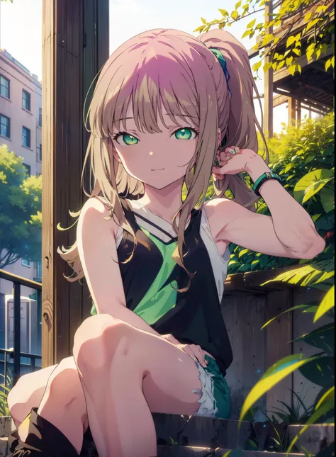 minami yume ,sss Dynazenon ,Long Hair, Brown Hair, (Green Eyes:1.5) ,Center of chest,hair band,ponytail,happy smile, smile, Open your mouth, Blue Tank Top,Shorts,short boots,whole bodyがイラストに入るように,Daytime,Clear skies,Sitting on the steps in the park,
break ...