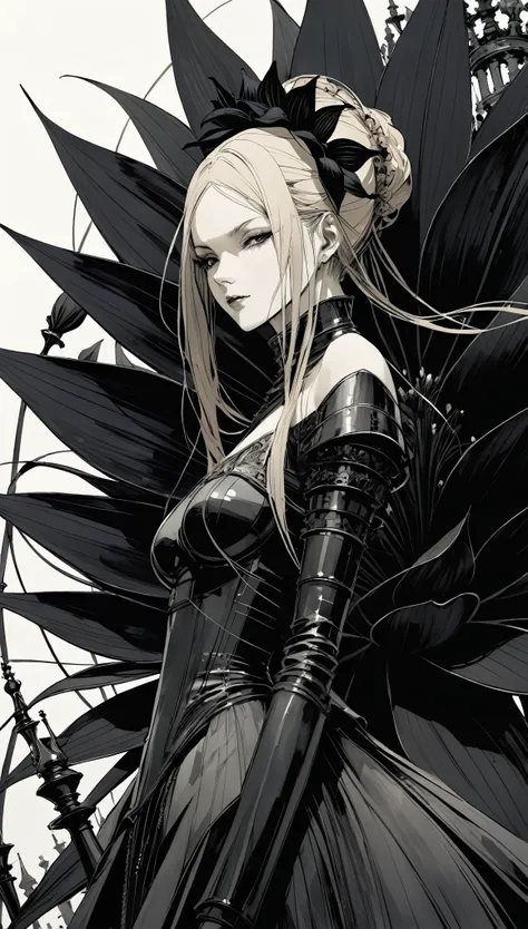 in style of Santiago Caruso, in style of Ashley Wood, Giant black lily,Central Composition,Close-up, queen (chess),graphic novels illustration
