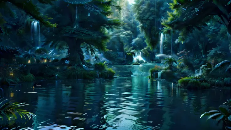 Beautiful natural scenery of blue-green、A waterfall shrouded in mist、A waterfall like a curtain of falling water、Viewpoint from behind the waterfall、Bright sunlight on the tree々Illuminate、Lush forest、Dense trees々、Calm water below the waterfall、A pond with ...