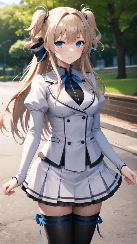 masterpiece, best quality, highres, 1girl, solo, long hair, blonde hair, two side up, (hair ribbon:1.1), blue eyes, neck ribbon, , white jacket, juliet sleeves, long sleeves, white skirt, thigh ribbon, black thighhighs, outdoors, cowboy shot, standing,
