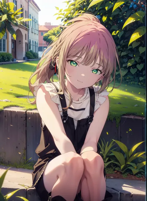 minami yume ,sss Dynazenon ,Long Hair, Brown Hair, (Green Eyes:1.5) ,Center of chest,hair band,ponytail,happy smile, smile, Open your mouth, Blue Tank Top,Overalls,Shorts,short boots,whole bodyがイラストに入るように,Daytime,Clear skies,Sitting on the steps in the par...