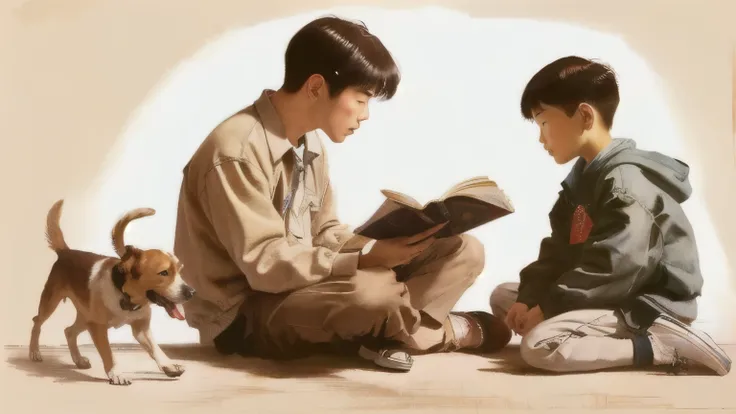 there is a painting，the painting shows a mature man and a boy reading,next to him is a dog rob rey and kentaro miura style, by w...