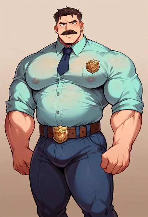 age 60, white man police detective with a mature, kind demeanor, strong and muscular yet chubby build, mustache, wearing dress pants and a buttoned-open translucent shirt that reveals a hairy chest and a noticeable bulge, wearing detective badge on belt, g...