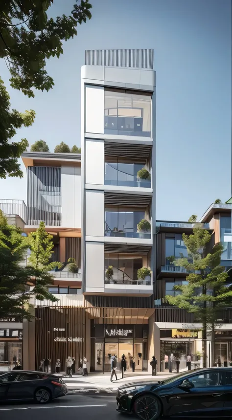 SYJZ,This is a picture of architectural design. There is a modern building in the picture. The exterior design of the building is composed of multiple curves,the color of the curves is white,and the material of the curves is metal. There are some shops und...