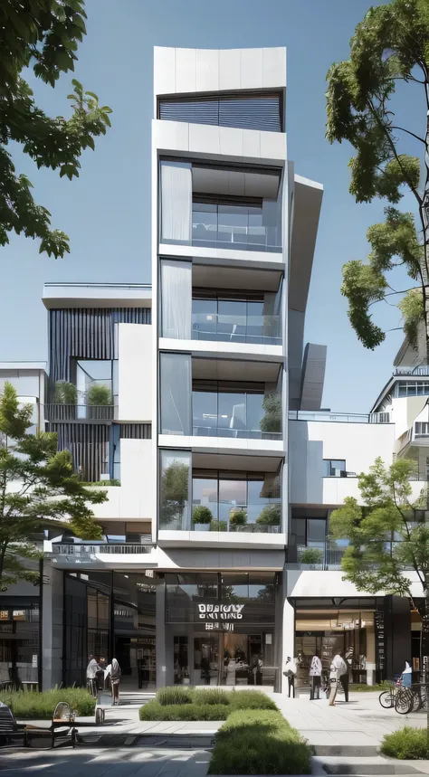 SYJZ,This is a picture of architectural design. There is a modern building in the picture. The exterior design of the building is composed of multiple curves,the color of the curves is white,and the material of the curves is metal. There are some shops und...