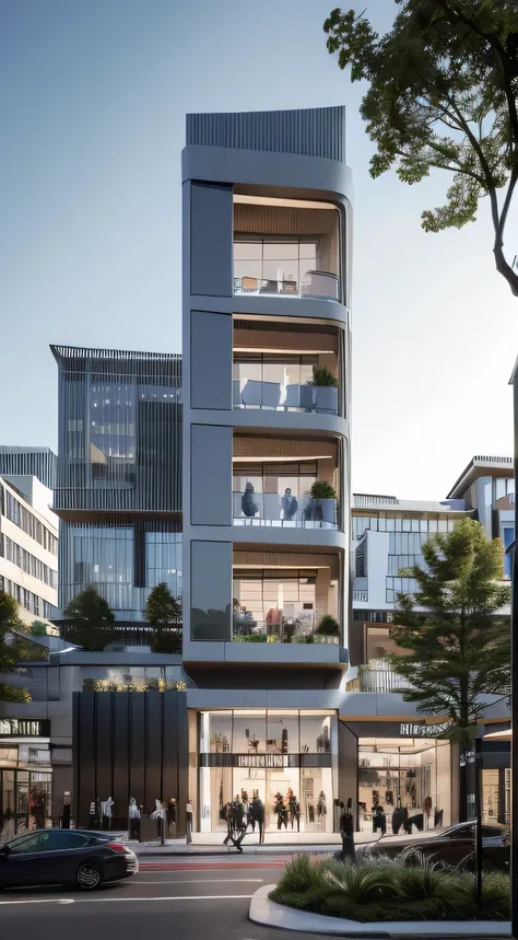 SYJZ,This is a picture of architectural design. There is a modern building in the picture. The exterior design of the building is composed of multiple curves,the color of the curves is white,and the material of the curves is metal. There are some shops und...
