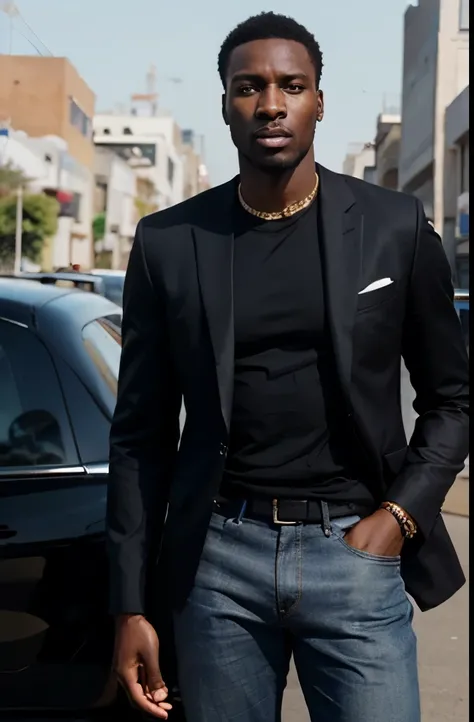 Create a realistic depiction of a tall, handsome African bad boy with a perfect face, eyes, mouthdressed in modern-day clothes. He should be standing beside a Mercedes."