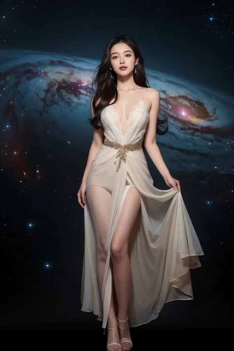 (best quality,4k,highres),beautiful girl with mesmerizing eyes,gorgeous galaxy viewing,sparkling stars,soft cosmic colors,ethereal atmosphere,peaceful serenity,celestial wonders,wonderful universe,stellar beauty,romantic stardust,celestial portrait,cosmic ...