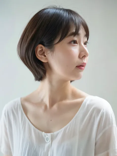 short sleeve shirt、４０a chubby japanese woman in her thirties、(white wall in the background、gray hair)、profile、photographed in fr...