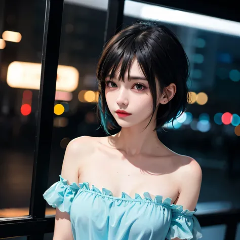 High quality, 16k, 8k, HD, best quality, black and cyan hair color, short hair, perfect face, beautiful, without makeup, restless face, looking out the window, nighttime, midnight, quiet, cyberpunk, nightgown, midnight, feeling uncomfortable, oppai, facele...