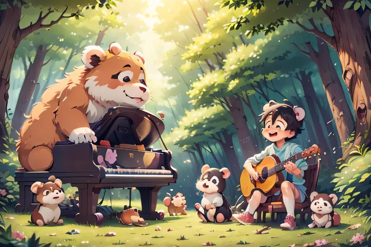 Studio Ghibli style。A panda happily sitting on a chair and playing the grand piano。A laughing monkey playing the guitar。Capybara playing the bass。Dog singing in the middle。Bear playing drums。The animals around are watching this.。The background is a beautif...