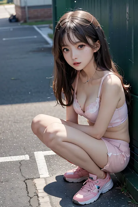 Best quality,raw photo  , 17 years old korean female idol, from above , face focus , face closeup  breast cleavage,selfie, leaning forward, Squatting ,tennis wear,Light pink underwear,pink underwear ,cute face  ,edgy,droop ,clavicle , overflowing  ,selfie,...