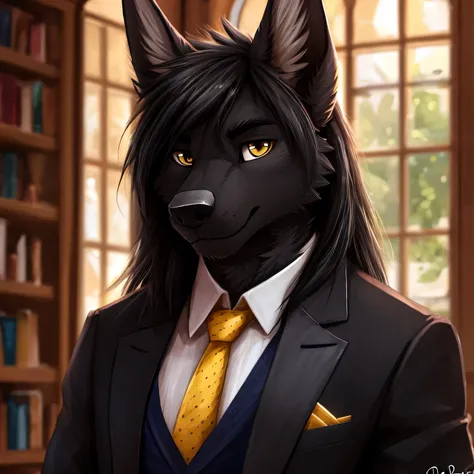 by waywardmutt, by pache_riggs, male, black dog jackal, handsome, male, black solid fur, long straight black shoulder length hair, gold eyes, black tuxedo suit, gold neck tie, high details, high quality, HD, 16k, semi realistic, (best quality,4k,8k,highres...