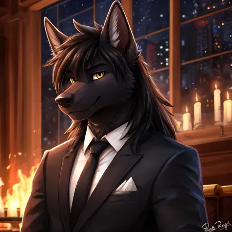 by waywardmutt, by pache_riggs, male, black dog jackal, handsome, male, black solid fur, long straight black shoulder length hair, gold eyes, black tuxedo suit, gold neck tie, gold rings, high details, high quality, HD, 16k, semi realistic, (best quality,4...