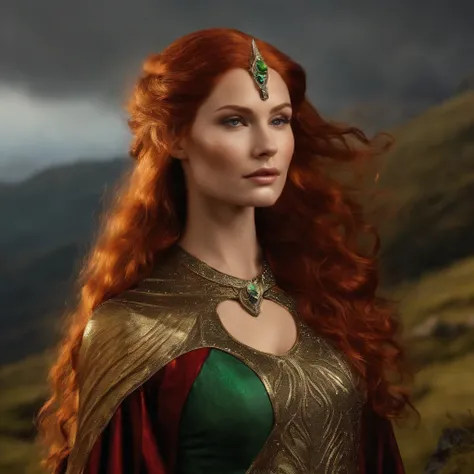 (Sensual+erotic Middle-earth fantasy art style :1.2), (a colorful ethereal_being called Artona is a redhead+female_creative_artist who is even mightier than Sauron. She wears a powerful+big_art-ring on her finger, its the one ring to paint them all :1.35)....