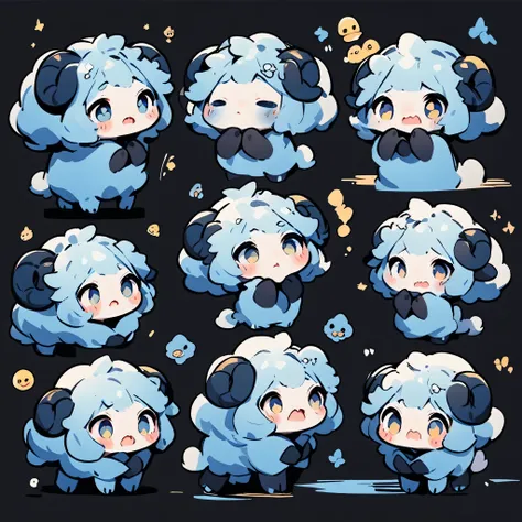 A whimsical blue sheep。emoji，anthropomorphic style，black strokes，solid background color，different emotions，multiple poss and expressions.8K--ar 3:4 --style cute --niji 5