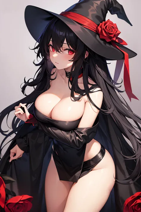 long black cloak　Kizi　His hair is a black cut and his eyes are fiery red.　black mini skirt　wearing a big black hat　The hat has a rose attached to it with a black ribbon.
Showing naked breasts and buseta 