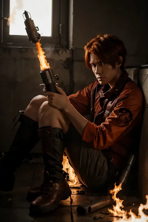 An anime character with short red hair, a flamethrower, a grumpy person, he is sitting while feeling hate 