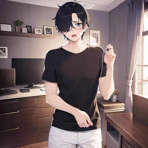 hand up, plastic frame eyewear、upper body、shiny skin, masterpiece、Highest quality、(25-year-old male:1.5) and (Black short hair) and (blue eyes), Hair over one eye, (Black T-shirt)、(surprised:1.5), (sweat:1.5), The background is the living room、(Alone:1.5)、...