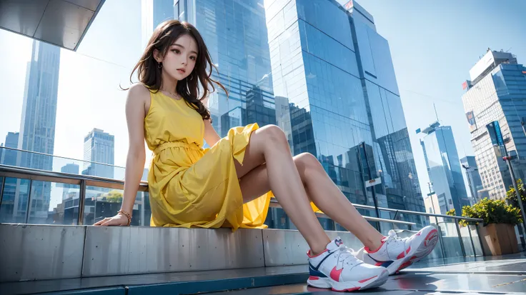 Girl in a bright dress，(Look up from the bottom:1.3)，sports shoes，small space，City architectural background，sitting posture，dynamic poses，Sitting on a balcony on the roof of a glass podium, Best quality, masterpiece, 8 k，depth of field