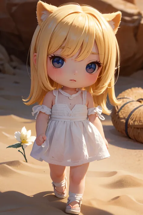 Chibi Girl、Walking through the desert under the scorching sun、Sweat、heat haze、Cute Shoes、whole body、A landscape of nothing but sand、Very detailed、Ultra-realistic、Photorealistic、8K、Hyperrealistic、masterpiece、Beautiful detailed eyes、Beautiful detailed lips、V...