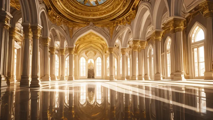 masterpiece, best quality, 8K, Impressive camera. The room was filled with white light, Reflected on the golden decorated walls, Create a magical and enchanting atmosphere.
