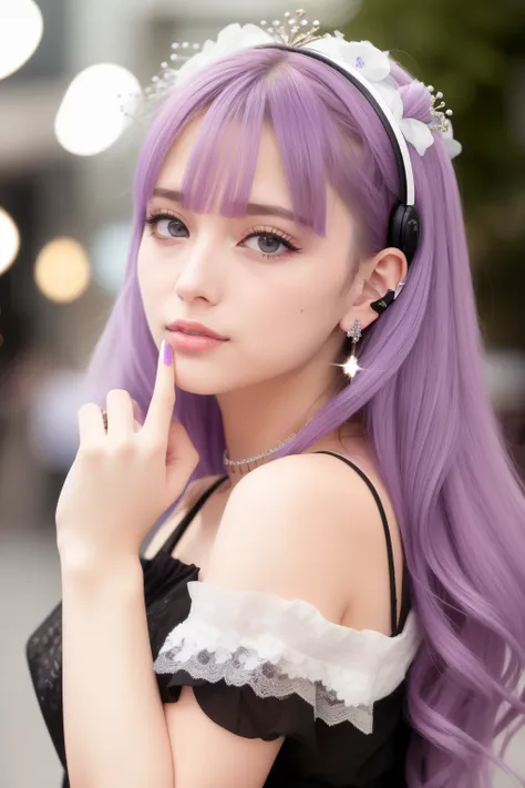 casque de musique、🎧、cheveux violet、🏴‍☠️、crâne、☠️,1 fille dans, solo, coup moyen, marcher à harajuku, ((pendant la nuit)), bokeh ...