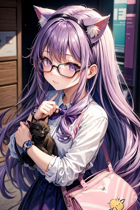 Anime girl with purple hair and glasses, who holds a heart, Style artistique Anime Moe, Fille anime avec des oreilles de chat, fille chat animée, dans un style animé, cute girl chat animated, dans un style animé, Fille aux oreilles de chat, nekomimi, Holo ...