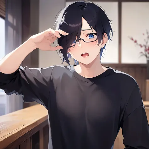 Shooting from below、side angle, hand up, plastic frame eyewear、upper body、shiny skin, masterpiece、Highest quality、(25-year-old male:1.5) and (Black short hair) and (blue eyes), Hair over one eye, (Black T-shirt)、(surprised:1.5), (blush:1.3), The background...