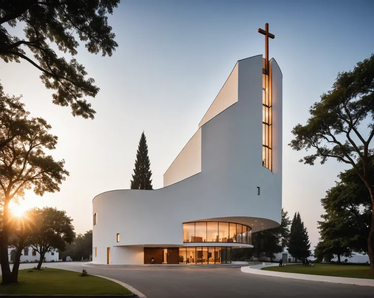 raw photo, best quality, ultra realistic, masterpiece, best quality skin, photography hd, dslr,
tcs, httlvn, modern church, road, people, house, facade design, outdoors, church, white walls, cross on top, curved shape building, 
Dusk, sunshine, 
View from ...