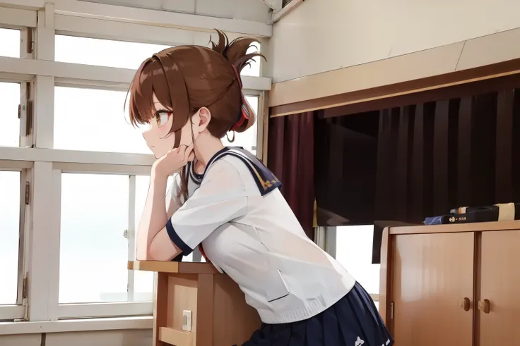A female student in a sailor uniform is watching a physical education class in the gymnasium because she is feeling unwell,(masterpiece, best quality:1.2),illustration,8K,HD,1girl,独奏,upper body,(portrait:1.2),brown_hair,folded_ponytail,brown_eyes,serafuku,...