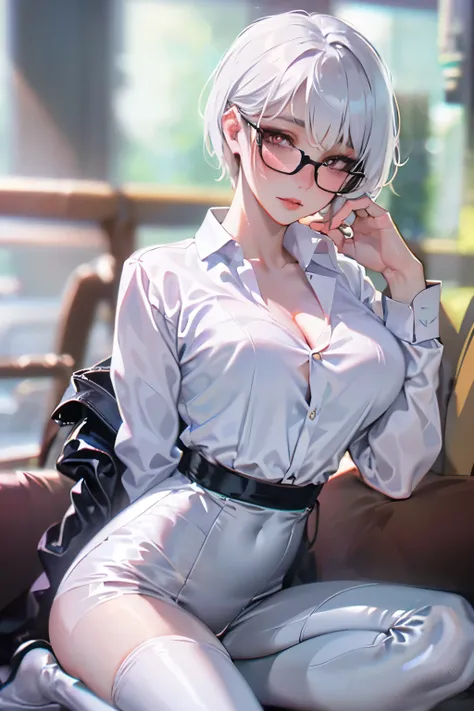 Sweet expression, kneeling, hands between legs, white glasses, white short hair, (8k, RAW photo, photorealistic:1.25) ,( lip gloss, eyelashes, glossy face, glossy skin, best quality, Super high resolution, depth of field, chromatic aberration, caustics, wi...