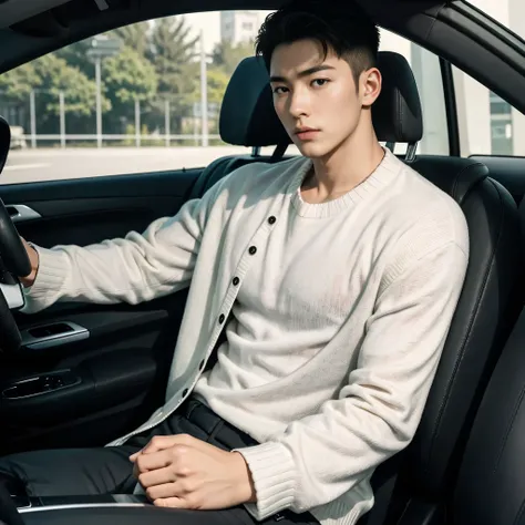 Highest quality, photo arafed man sitting in a car with his hands on his lap, siwoo kim, handsome chad chin, handsome man, hyung tae, photoshoot, handsome and attractive, handsome, ryan jia, handsome and elegant, wearing a sweater, jonny wan, handsome male...