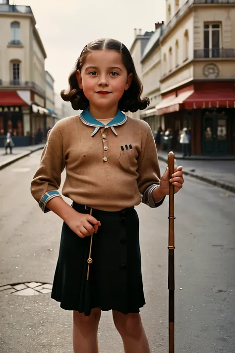 Paris, 1940. A little ((((12-year-old)) Marie-Laure LeBlanc)), (((with a cane))), freckles, ((((clothings from the 1940s)))), ((dark hairstyle of the 1940s))