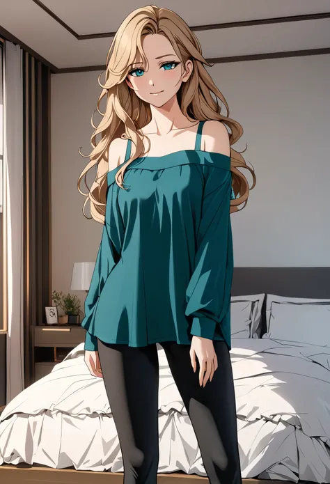 (masterpiece), (high resolution, 8k), (high detailed), woman mature, tall, (wavy long hair (dark blonde)), beautiful face, (close mouth:1.2), tired smile, small breast flat, wearing dark teal colored crystal themed cold shoulder casual shirt and black legg...