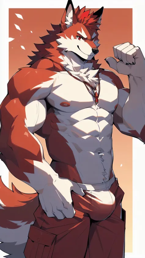 Orange background，high resolution，4K，masterpiece，high quality，35 years old，((Wolfdog))，male，((whole body:1.4，Strike a pose:1.5，Mature:1.3，Smiling face:1.4))，WolfdogFurry，（Uncle figure:1.5，hairy），((Moderate:1.2))，((Strong body:1.5，Long legs:1.3，big ear:1.3，...