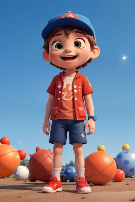 A cartoon little girl caught in a moment of joy。He was wearing a red and blue baseball cap.，Wearing a colorful cartoon shirt with a fun design。his arms spread，As if flying or dancing。He is wearing blue shorts and pink shoes。He is surrounded by all kinds of...