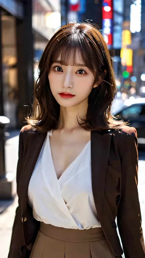 Highest quality, masterpiece, Ultra-high resolution, (Realistic:1.4), RAW Photos, One girl, Brown Bob Hair, Detailed eyes and face,, Dynamic Lighting, Modest, whole body, Japanese, OL, suit, Tight Skirt, Big Breasts