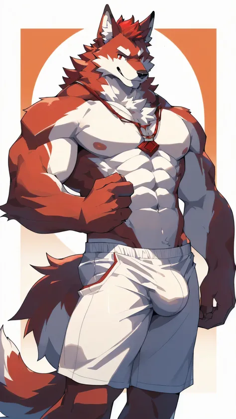 Orange background，high resolution，4K，masterpiece，high quality，35 years old，((Wolfdog))，male，((whole body:1.4，Strike a pose:1.5，Mature:1.3，Smiling face:1.4))，WolfdogFurry，（Uncle figure:1.5，hairy），((Moderate:1.2))，((Strong body:1.5，Long legs:1.3，big ear:1.3，...