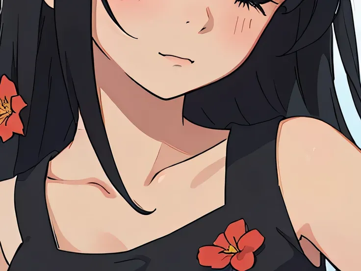 perfect anime illustration closeup portrait of a girl  having long black hair with bangs, wearing a dress, erotic, posing for a picture, professional pose, artistic, eyes closed, smelling a flower