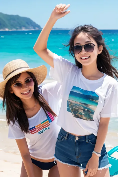 Ocean, Summer vacation, Young people, smile, Beach, trip, T-Shirts, sunglasses,