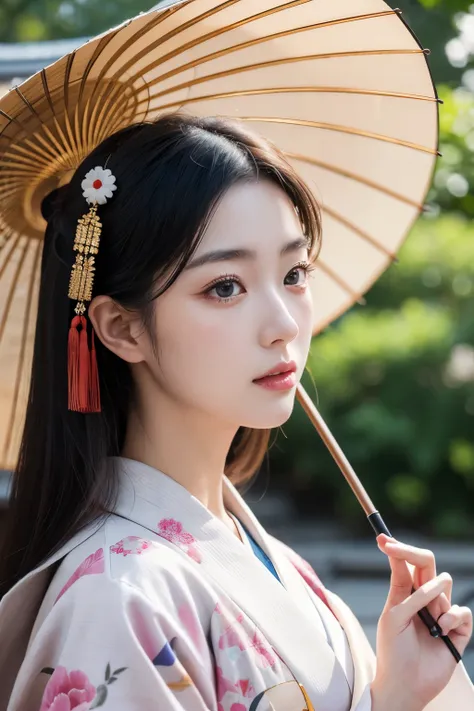 masterpiece, close up, A hyper-realistic masterpiece featuring a beautiful, elegant woman wearing traditional Japanese clothing. Hyperdetailed face, She holds a colorful umbrella and walks into a palace. The scene is inspired by ancient Japanese beauties a...