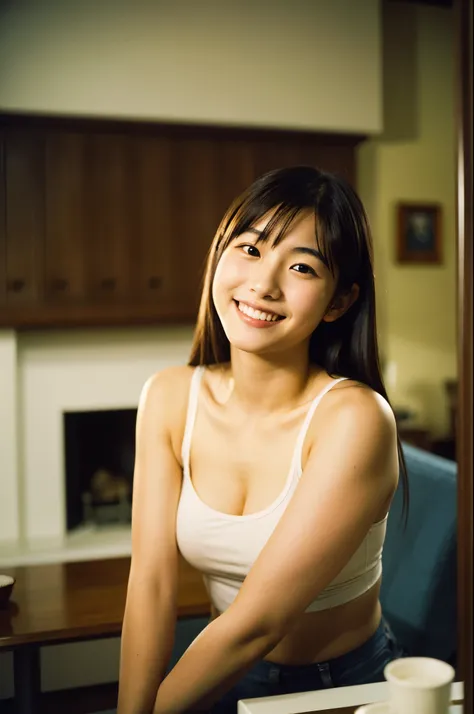 Very cute 20 year old Japanese woman, corners of mouth turned up, gentle smile, muffin top, detailed face, detailed body with nice curves, in the living room. Late night, movie photography, Leica 50 mm prime lens, Cine Steel 800T film, art color photograph...