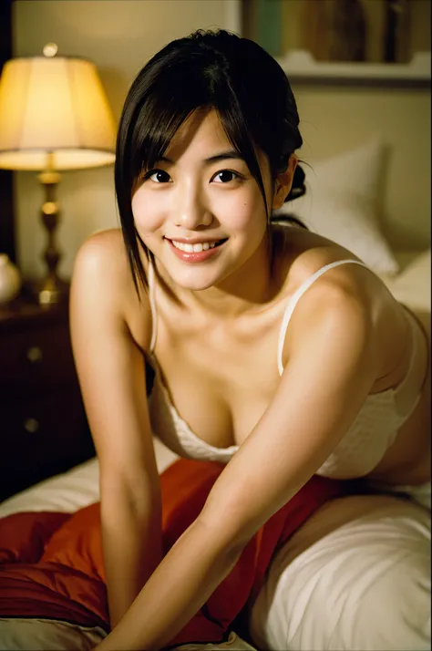 Very cute 20 year old Japanese woman, corners of mouth turned up, gentle smile, muffin top, detailed face, detailed body with nice curves, in the bedroom. Late night, movie photography, Leica 50 mm prime lens, Cine Steel 800T film, art color photography