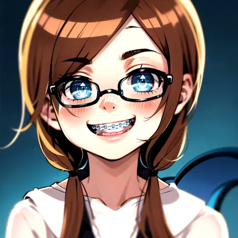 1girl, seductive eyes, braces, glasses, smiling, cute, face focus, blue eyes, blush, brown hair, best quality, masterpiece, high...