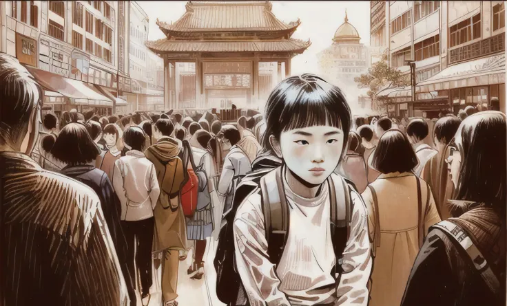 Illustration of a boy sitting on a bench in a crowded street, masterpiece、Painted in the style of yellowed 70s photos.Inspired by Ren Xun, Graphic novel art, style of Graphic novel, Graphic novel style, Single Boy concept art, Graphic novel cover art, Sach...