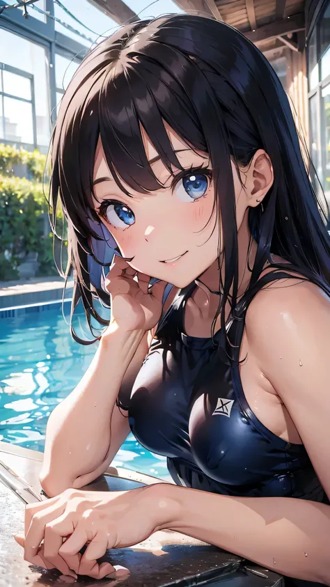 最high quality、Best image quality、masterpiece、With a girl((cute、16 years old、Best Bust、Medium Bust、Beautiful Blue Eyes、Spread your chest wide,Black Hair、Slender、The best valley、、Blue school swimsuit,Show the whole body、Blue Mesh,swim,smile)）high quality、Bea...